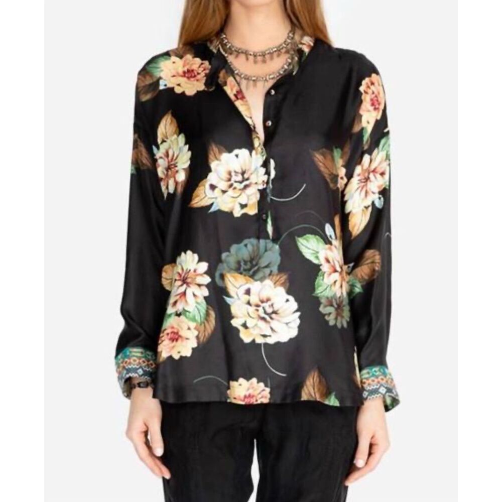 Johnny Was Corey Floral Print Long-Sleeve Silk Boxy Top